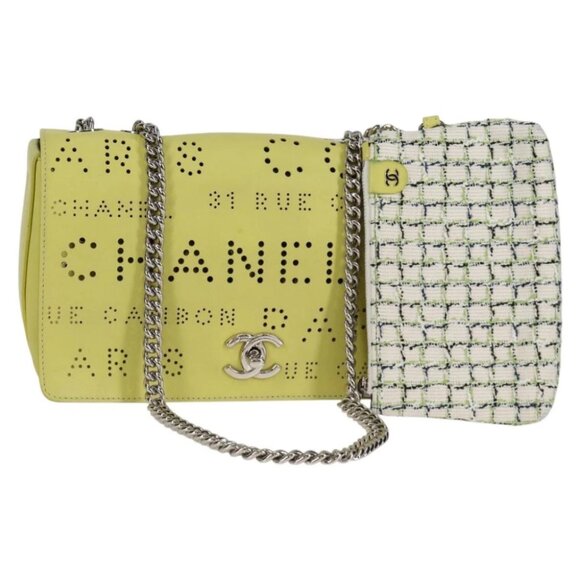 CHANEL Chain Shoulder Bag Leather 2way Yellow CC Auth 130486M - Picture 1 of 14